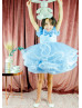 Short Sleeves Blue Satin Tulle Flower Girl Dress